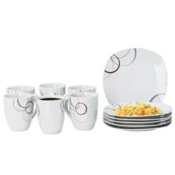 Kombiservice Palazzo 62tlg. - Weißes Porzellan Mit Kreise- Dekor In Grau Und Dunkelrot - Für 6 Personen -Einrichtungsgeschäft 5ca87a44 88d0 44ac 9770 22ca2bd8cf09